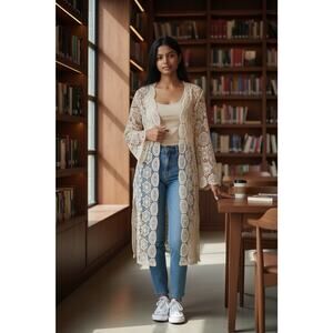 Chris McLaughlin XL Beige Crochet Open Front Kimono Jacket Long Sleeve